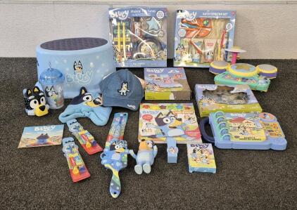 Bluey Bundle! Step Stool, (3) Hats, (3) Toothbrush, (2) Bath Time Fun(New), Puzzle, (2) Musical Toys(Works) , Board Game, Water Bottle And More!