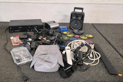 Magnavox DVD/VHS Player(Works), QFX Speaker, ResMed S9 AutoSet CPAP Machine, Sling Bag, Electronic Drum Set, Electric Cords, Plug Ins, Connections, Chargers and Lot of Phones and Tablets and Facial Hair Clipper Accessories And More!