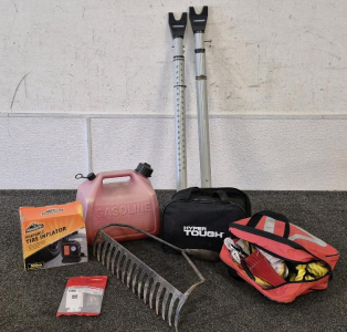 (2)Brinks Door Security Bar, Designed To Enhance The Security Of Hinged, Patio, And Sliding Doors, Gas Can(1.5Gal), (2)Portable Tire Inflator, Bag Of Tools, Rake Head, Outlet Strap