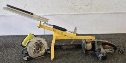 RYOBI 13 Amp Corded 7-1/4 in. Circular Saw (CSB125)(Works), Remington Electric Chainsaw, Likely A a "Limb N Trim", Manual Clay Pigeon Thrower, Used for Launching Clay Targets for Shooting Practice.