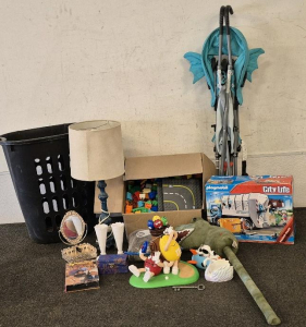Stroller, Toys, Laundry Basket, Bag Of Pine Cones, Lamp(Works), Cheers VHS, M&M Collectable, Iron Balls, Jewelry And Mirror Accent, (2) Vase, Home Decor.