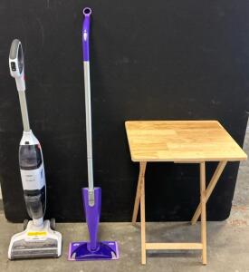 (1) Tienco iFloor Series Cordless Wet/Dry Vacuum Cleaner (Turns On) With Charging Cord, (1) Swiffer Mop, And Side Table