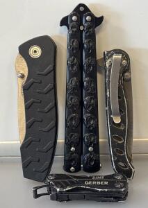 Gerber Dime Multi-Tool, Butterfly Knife (Balisong) with Skull Handles, (2) Folding Pocket Knives