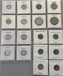 (8) Antique Foreign Silver Coins, (4) V-Nickels, And (6) Indian Head Cents