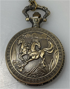 Antique Bronze-Toned Two Horse Design Quartz Pocket Watch