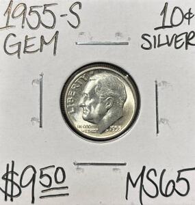 1955-S MS65 GEM SILVER ROOSEVELT DIME