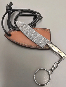 Hand Made Micro Damascus Straight Blade, Full Tang, With Leather Sheath And Key Chain Ring- Brand New