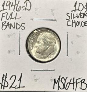 1946-D MS64FB FULL BANDS CHOICE SILVER DIME