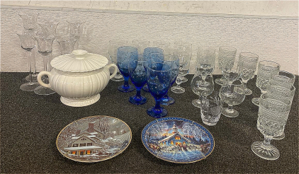 (2) Collectible Plates, White Ceramic Soup Tureen, And Glassware