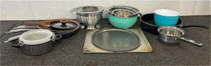 (1) Small Pot, Multiple Pans, (3) Colanders, And More