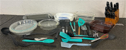 (1) Farberware Knife Block Set, (4) Glass Pie Pans, Various Utensils, And More