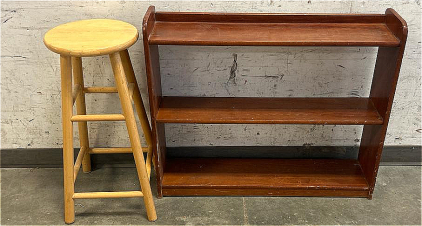 (1) Wooden Bookshelf (34 Inches X 8 Inches X 28 Inches) And (1) Wooden Stool