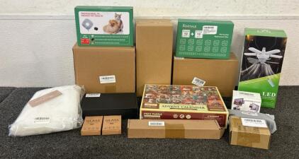 (1) LED Folding Fan Light, (2) Pet Water Filters, (1) Sports Running Belt, And More