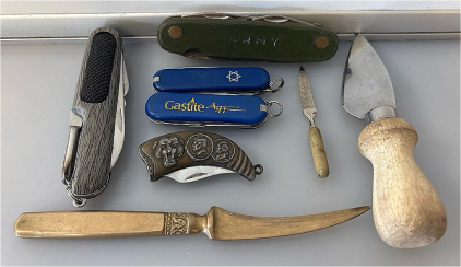 Green Army Traditional Folding Utility Knife, Blue Swiss Army knives, Vintage Letter Opener, Vintage Awl Or Small Piercing Tool, Cheese Knife, And Modern Folding Pocket Knife