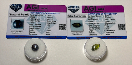(2) Certified Natural Gemstones 6.75ct Marquise Cut Green Tourmaline And 5.85ct Round Grayish Black Tahiti Pearl