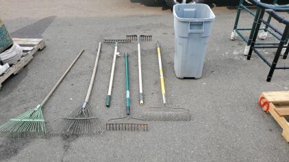 (6) Yard Rakes And Trash Can