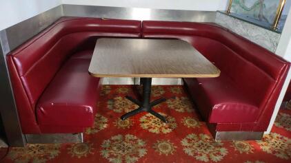 OFFSITE GREAT WALL RESTAURANT -- (1) U-Shaped Red Leather Sitting Restraunt Booth & (1) 4'x 4'x 2&frac12;' Wooden Restraunt Table