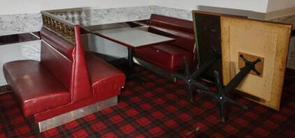 OFFSITE GREAT WALL RESTAURANT -- (1) 2-Sided Red Restraunt Leather Sitting Booth, (1) 1-Sided Red Restraunt Leather Sitting Booth, & (3) 4'x 2&frac12;'x 2&frac12;' Restraunt Wooden Tables
