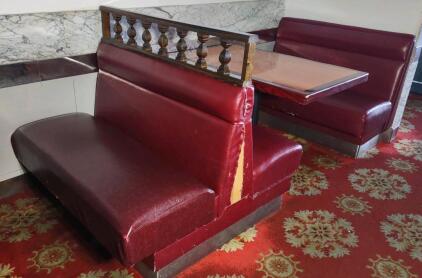 OFFSITE GREAT WALL RESTAURANT -- (1) 2-Sided Red Restraunt Leather Sitting Booth, (1) 1-Sided Red Restraunt Leather Sitting Booth, & (1) 4'x 2&frac12;'x 2&frac12;' Restraunt Wooden Tables
