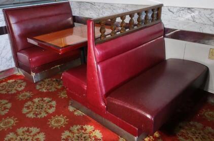 OFFSITE GREAT WALL RESTAURANT -- (1) 2-Sided Red Restraunt Leather Sitting Booth, (1) 1-Sided Red Restraunt Leather Sitting Booth, & (1) 4'x 2&frac12;'x 2&frac12;' Restraunt Wooden Tables