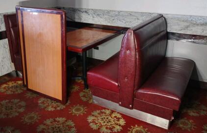 OFFSITE GREAT WALL RESTAURANT -- (1) 2-Sided Red Restraunt Leather Sitting Booth, (1) 1-Sided Red Restraunt Leather Sitting Booth, & (3) 4'x 2&frac12;'x 2&frac12;' Restraunt Wooden Tables
