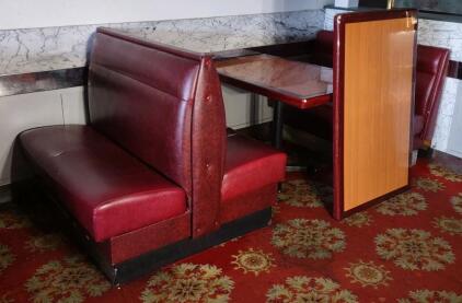 OFFSITE GREAT WALL RESTAURANT -- (1) 2-Sided Red Restraunt Leather Sitting Booth, (1) 1-Sided Red Restraunt Leather Sitting Booth, & (3) 4'x 2&frac12;'x 2&frac12;' Restraunt Wooden Tables