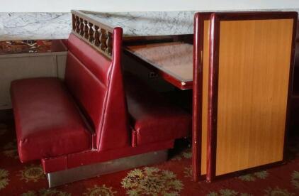 OFFSITE GREAT WALL RESTAURANT -- (1) 2-Sided Red Restraunt Leather Sitting Booth w/ (3) 4'x 2&frac12;'x 2&frac12;' Restraunt Wooden Tables
