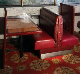 OFFSITE GREAT WALL RESTAURANT -- (1) 2-Sided Red Restraunt Leather Sitting Booth w/ (3) 4'x 2&frac12;'x 2&frac12;' Restraunt Wooden Tables