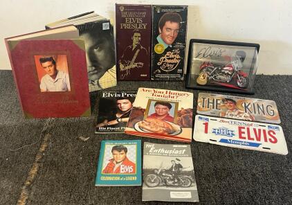 Franklin Mint Elvis Presley 1956 Harley-Davidson Model KH Diecast Motorcycle, Elvis Presley 8-Tracks, Books, & License Plates
