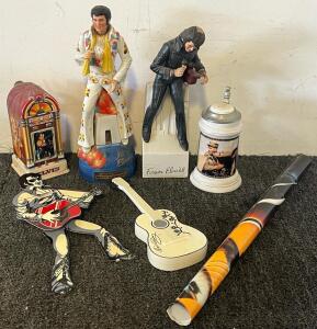 Elvis Presley Collectables Including USS Arizona Memorial 1961 Music Box Statue, Forever Elvis &lsquo;68 Music Box Statue, Jukebox Elvis Cup, Elvis In The Army Cup & 2&rsquo;x3&rsquo; Poster