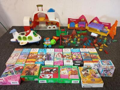 Fisher Price Little People Barn And Airplane Toys, Plastic Cowboy And Native American Figurines (16) Disney And Farm Animal Kid Jigsaw Puzzles And Much More