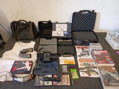 Bushnell Binoculars, Moultrie Game Spy M-80XT Trail Camera, i-Kam Xtream Video Revolution Eye Wear (Video And Audio Eyewear)(6) Various Gun Hard Case Holders. Multiple Gun Books And Hunting DVD'S, White Bullet Proof Vest And Much Much More