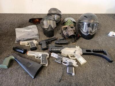 (5) Airsoft Helmet/Facemasks, (6) Airsoft Hand Guns W/Attachments