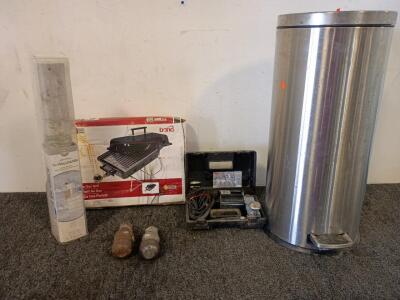 Portable Gas Grill, Stainless Steel Garage Container w/Step Opener, Coleman Inflate-All 175 Electric Air Pump, (2) 2 5/16" Trailor Hitch Balls, Decorative NuWallpaper Peel & Stick WallPaper Roll 3'5" X 8' And Much More