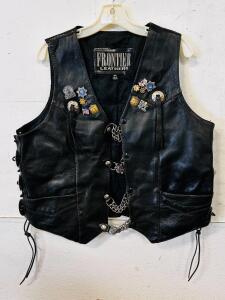 Frontier Leathers, Size 44 Vest With Pins And Harley Davidson Patch On Back