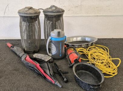 (2) Bug Zappers(Works), Umbrella, Extension Cord, Tire Pump, Water Bottle, Rope, Camping Pot, Rifle Scope