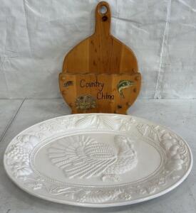 Vintage Plate Rack & Ceramic Turkey Serving Platter