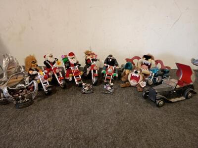 (5) Dan Dee Animated Musical Figurines on Motorcycle, Vintage Rolls Royce Liquor Decanter And Shot Glass Holder, Motorcycle Clock (2) Looney Tunes Tasmanian Devil Stuffed Animals And Much More