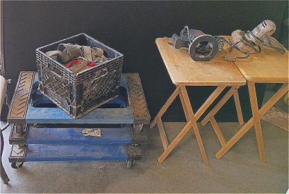 (3) Olympia Tools Plastic Furniture Dolly Up to 1000 Lbs per Dolly Weight Limit, (2) Wooden TV Tray Tables, Crate Full of Trailer Straps and Ratchets, Corded Power Buffer, Skil Plunge Router Power Tool and Much Much More