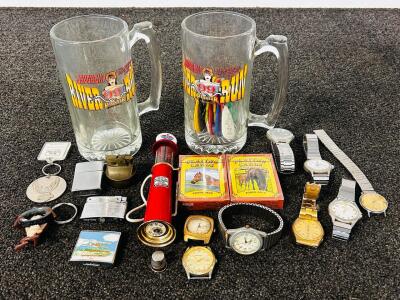 (2) Collectible Glass Beer Cups, Vintage Lighters, Watch Parts and More