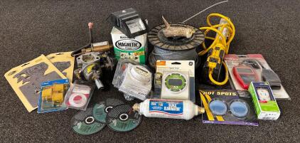 Hardware Lot Including; Roll Of Wire, Outlets, Adapters, Cut Off Wheels, Digital Timers, Magnetic Primer And More