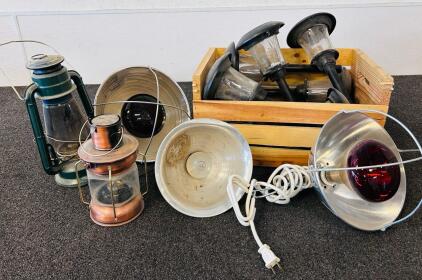 Heat Lamps, (2) Vintage Style Lanterns And Wooden Crate With Solar Yard Lights