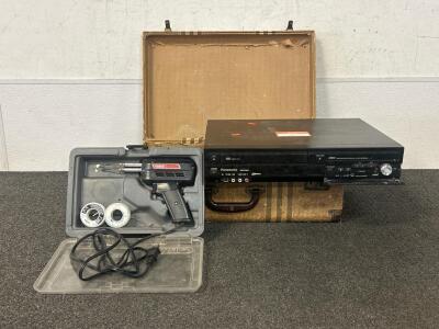 Vintage Suitcase, Panasonic VHS/ DVD Player (Powers On), And Weller Soldering Gun (Powers On)
