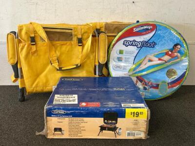 Uniflame Outdoor LP Gas's Barbecue Grill, Spring Float, And Pair Of Yellow Stadium Chairs