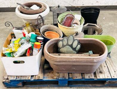 Pallet With Garden And Outdoor Decor Including: Flower Pots, Chemicals, Bee/ Fly Traps, And More