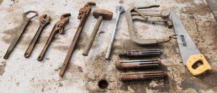 Assorted Hand Tools Set with Hand Saw, Pipe Wrenches, Adjustable Wrench