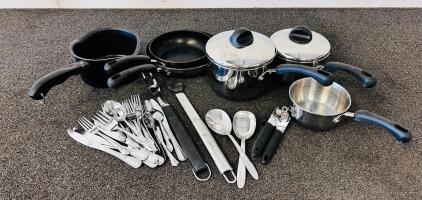 (6) Pots And Pans, Silverware, And Grilling Utensils
