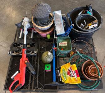 Pallet With Outdoor Essentials Including: Flower Pots, Hanging Decor, Garden Chemicals, Weed Eater, Trellis, And Much More