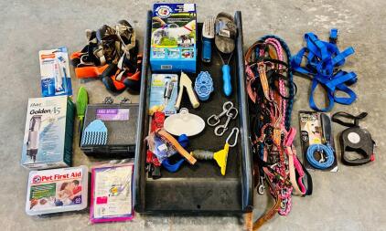 Pets Lot Includes: Leashes, Collars, Grooming Equipment, Pet Ramp, Pet First Aid And More