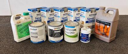 Partial Cans Of Interior Trim Paint/ Primer, Sealer Finish, Tile Cleaner And (10) Cans Of Rust-Oleum Never Wet Liquid Repelling Treatment
